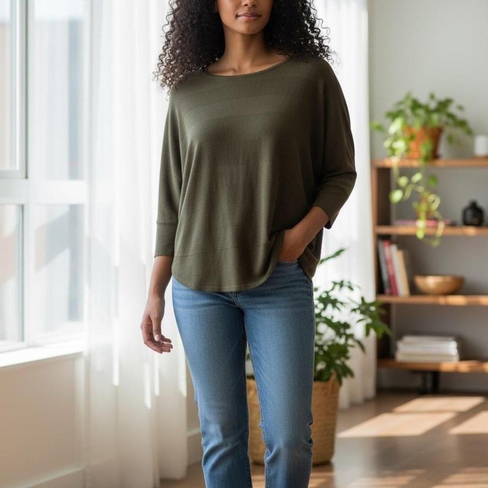 Design History Womens Fern Green Shadow Stripe Dolman Knit Top NWT Size L